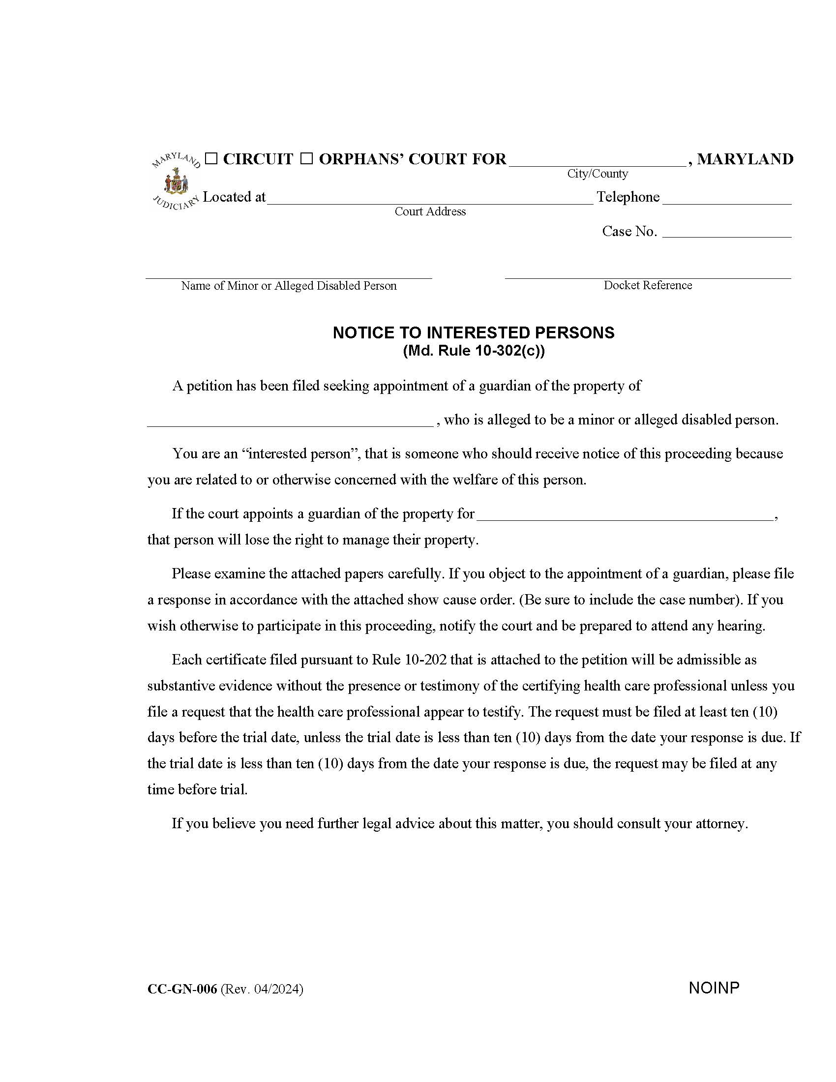 Notice To Interested Persons {CC-GN-006] | Pdf Fpdf Docx | Maryland